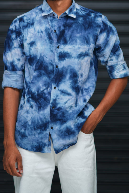 Men’s Tie Dye Printed Shirt – Premium Slim Fit Casual Designer Shirt  - Navy Blue & White – alternate view – 7MAN India