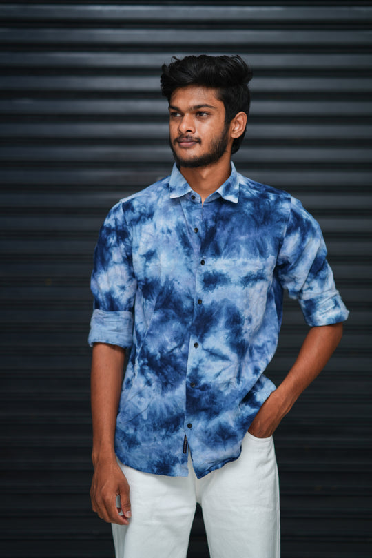 Men’s Tie Dye Printed Shirt – Premium Slim Fit Casual Designer Shirt  - Navy Blue & White – 7MAN Men's Fashion India
