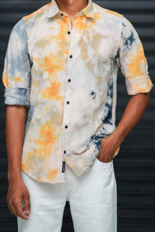 Men’s Tie Dye Printed Shirt – Premium Slim Fit Casual Designer Shirt  - Mustard Yellow & Grey – alternate view – 7MAN India