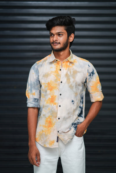 Men’s Tie Dye Printed Shirt – Premium Slim Fit Casual Designer Shirt  - Mustard Yellow & Grey