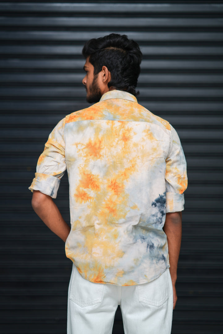 Men’s Tie Dye Printed Shirt – Premium Slim Fit Casual Designer Shirt  - Mustard Yellow & Grey
