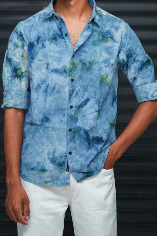 Men’s Tie Dye Printed Shirt – Premium Slim Fit Casual Designer Shirt  - Sky Blue & Green – alternate view – 7MAN India