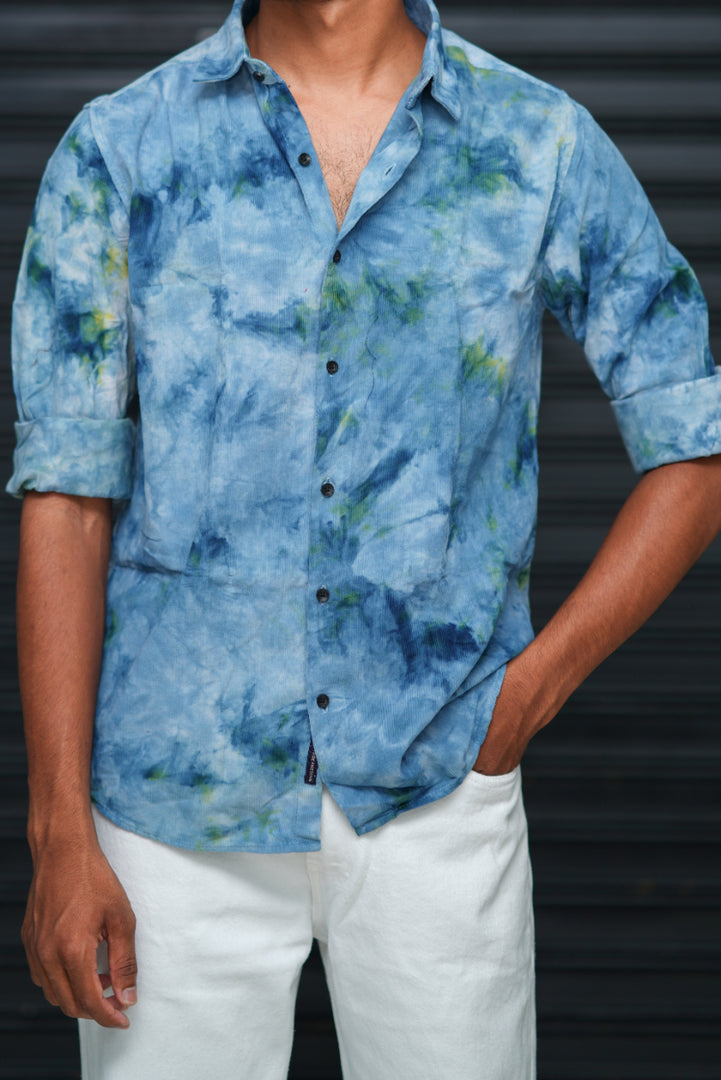 Men’s Tie Dye Printed Shirt – Premium Slim Fit Casual Designer Shirt  - Sky Blue & Green