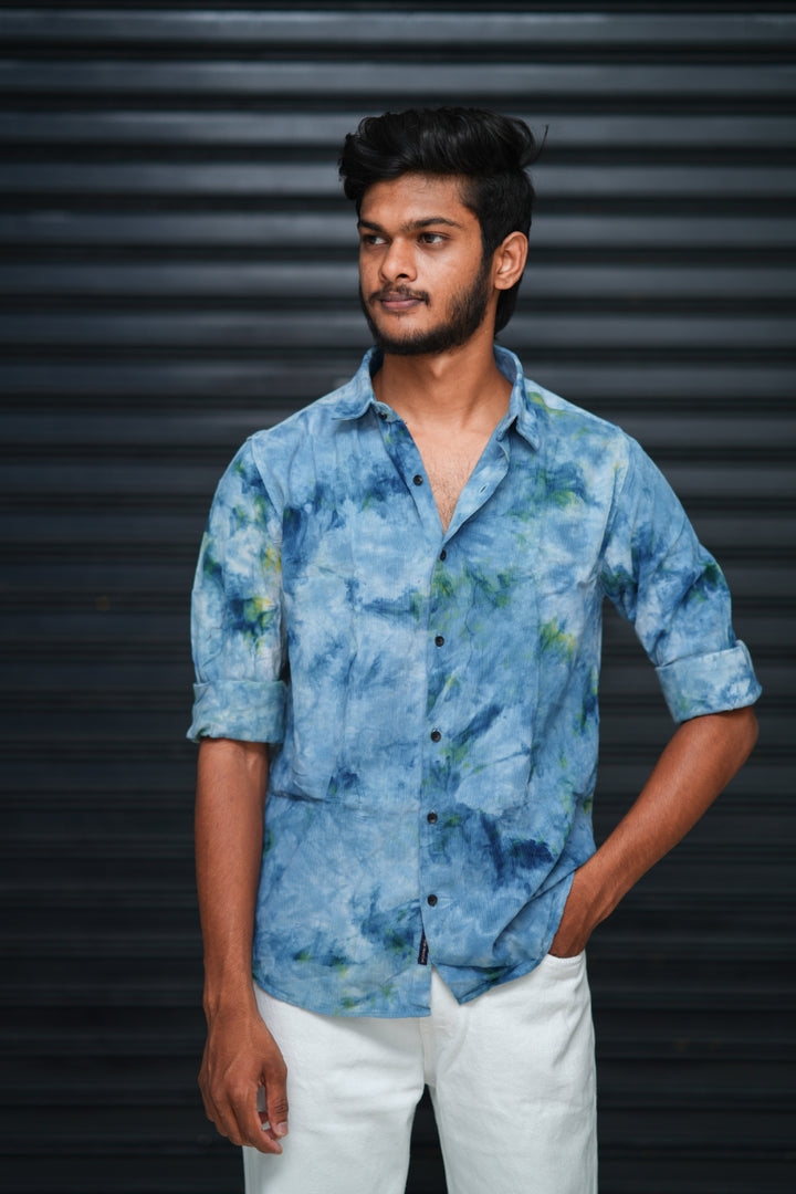 Men’s Tie Dye Printed Shirt – Premium Slim Fit Casual Designer Shirt  - Sky Blue & Green