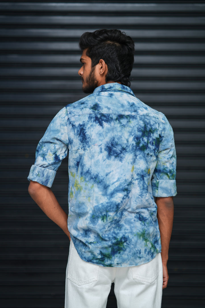 Men’s Tie Dye Printed Shirt – Premium Slim Fit Casual Designer Shirt  - Sky Blue & Green