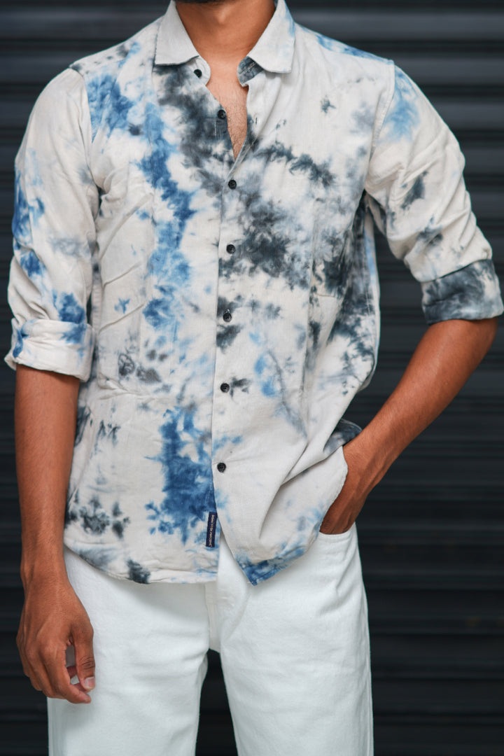 Men’s Tie Dye Printed Shirt – Premium Slim Fit Casual Designer Shirt  - Blue & White