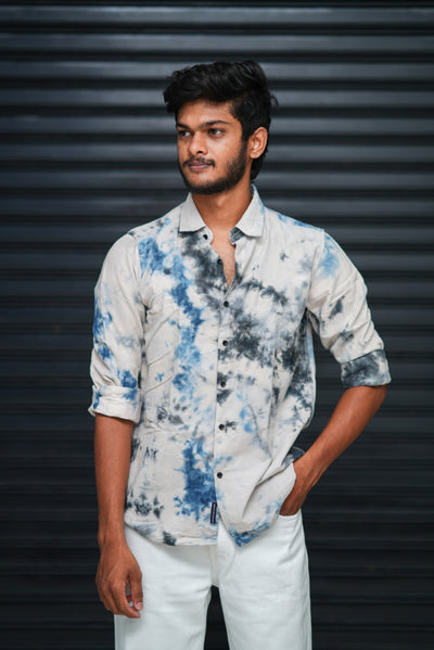 Men’s Tie Dye Printed Shirt – Premium Slim Fit Casual Designer Shirt  - Blue & White