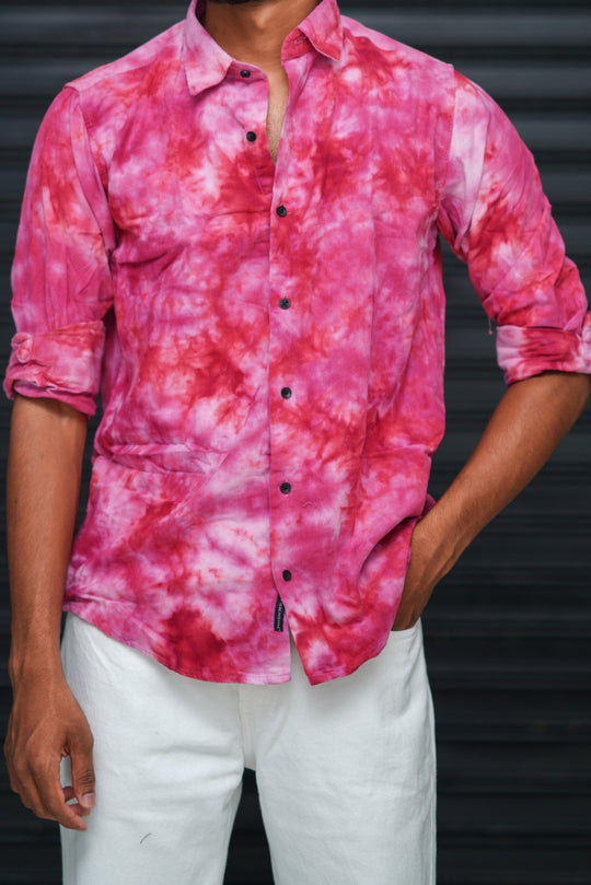 Men’s Tie Dye Printed Shirt – Premium Slim Fit Casual Designer Shirt  - Hot Pink – alternate view – 7MAN India