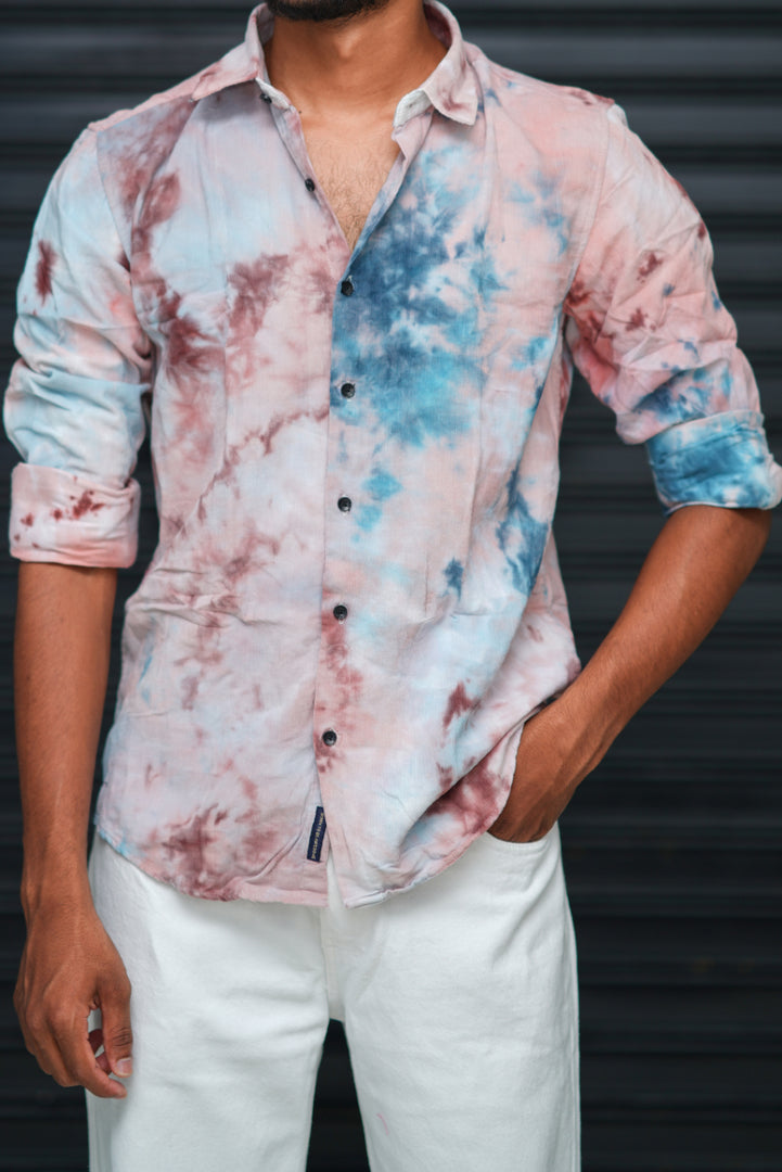 Men’s Tie Dye Printed Shirt – Premium Slim Fit Casual Designer Shirt  - Sky Blue & Dusty Pink