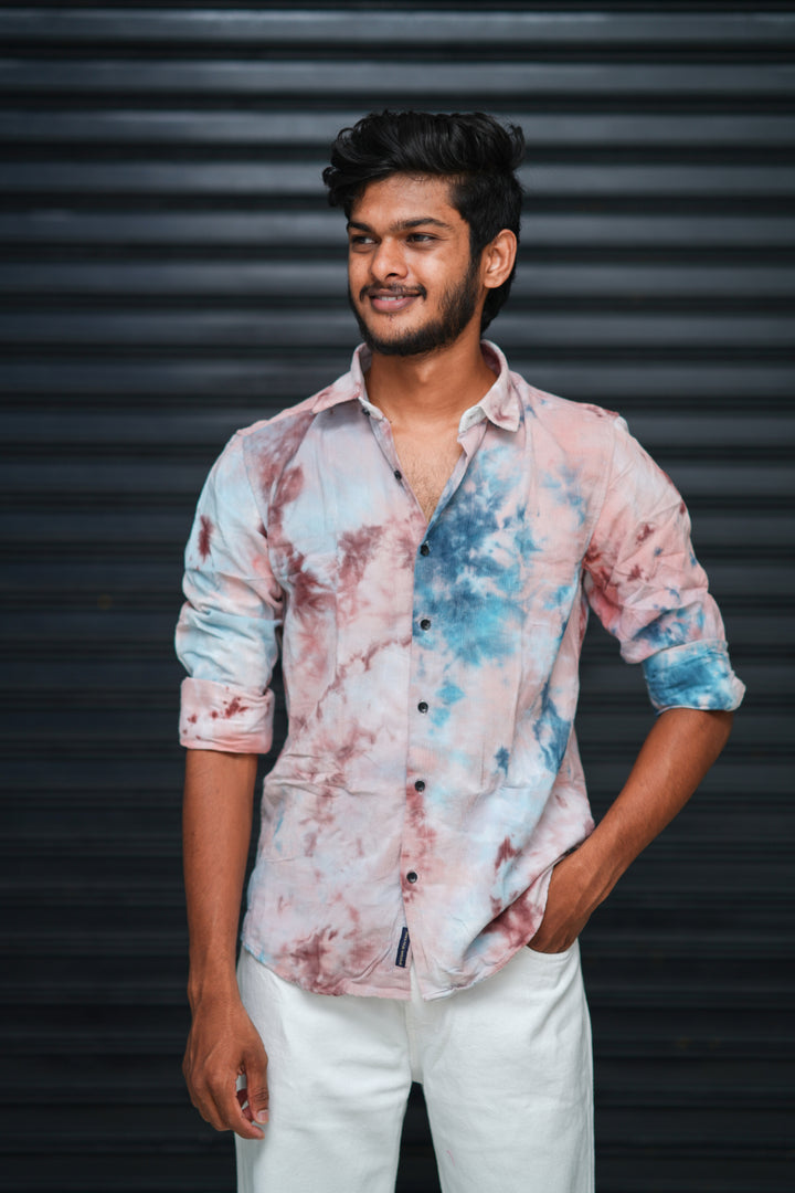 Men’s Tie Dye Printed Shirt – Premium Slim Fit Casual Designer Shirt  - Sky Blue & Dusty Pink