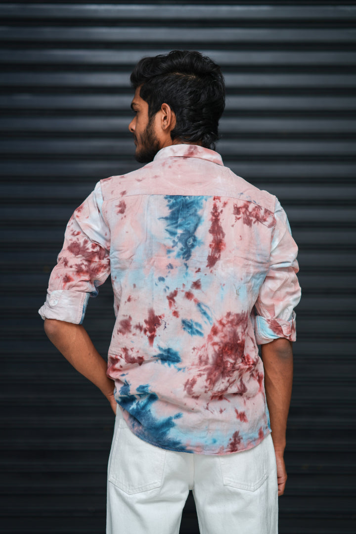 Men’s Tie Dye Printed Shirt – Premium Slim Fit Casual Designer Shirt  - Sky Blue & Dusty Pink