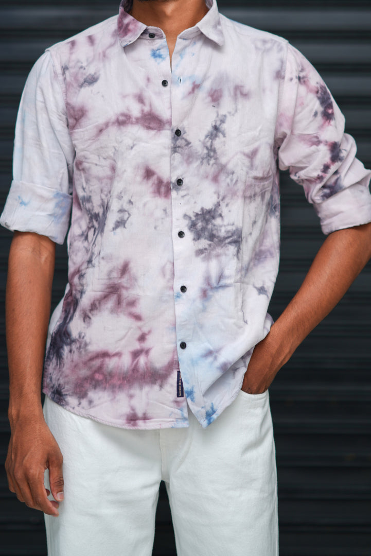 Men’s Tie Dye Printed Shirt – Premium Slim Fit Casual Designer Shirt  - White & Plum Purple