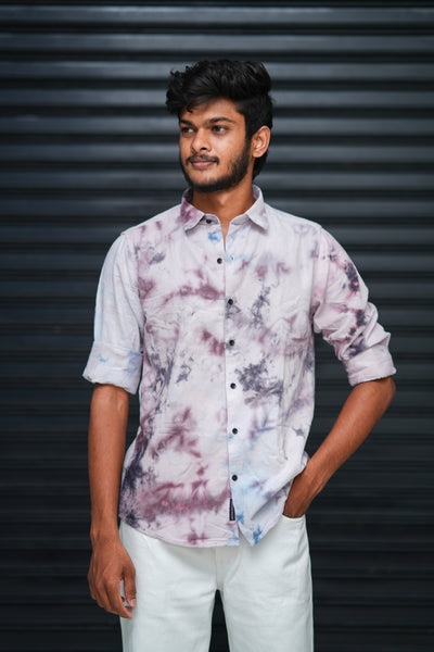Men’s Tie Dye Printed Shirt – Premium Slim Fit Casual Designer Shirt  - White & Plum Purple
