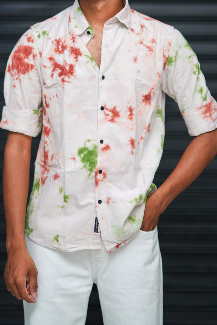 Men’s Tie Dye Printed Shirt – Premium Slim Fit Casual Designer Shirt  - White, Red & Green Splash
