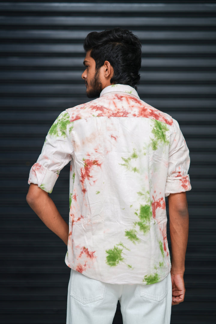Men’s Tie Dye Printed Shirt – Premium Slim Fit Casual Designer Shirt  - White, Red & Green Splash