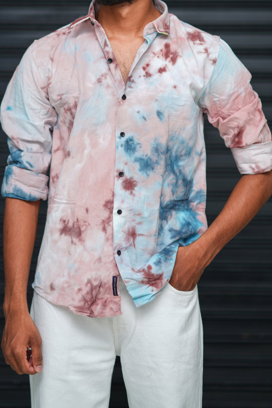 Men’s Tie Dye Printed Shirt – Premium Slim Fit Casual Designer Shirt  - Pastel Blue & Soft Pink – alternate view – 7MAN India