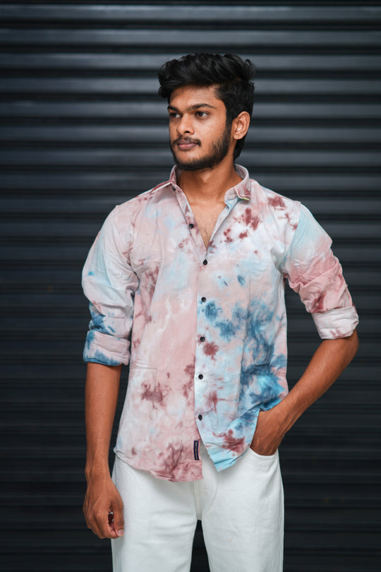 Men’s Tie Dye Printed Shirt – Premium Slim Fit Casual Designer Shirt  - Pastel Blue & Soft Pink – 7MAN Men's Fashion India