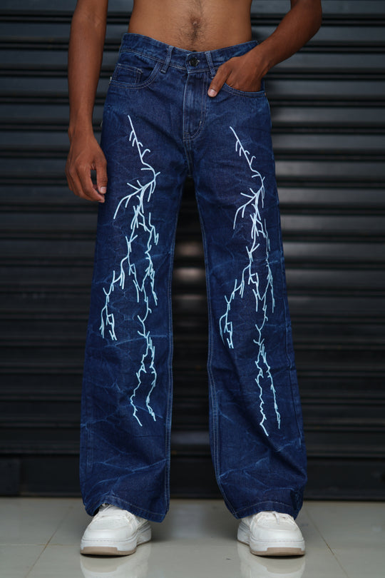 Men’s Printed Denim Jeans – Trendy Street Style Wide Fit Jeans - Dark Blue – 7MAN Men's Fashion India