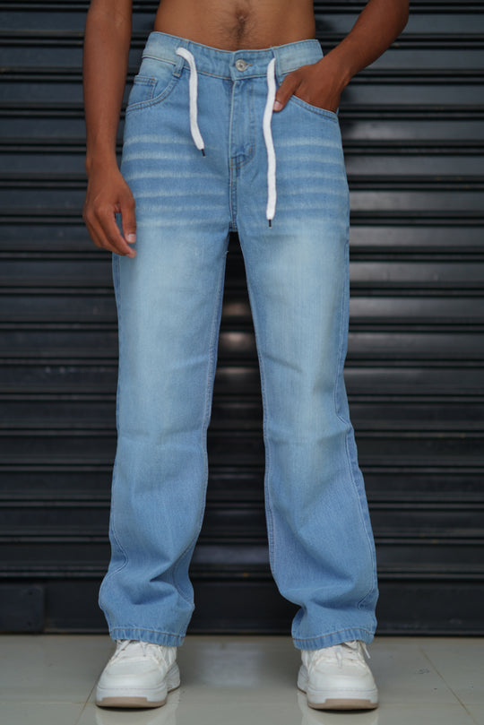 Men’s Washed Denim Jeans – Relaxed Fit Casual Drawstring Pants - Light Blue – 7MAN Men's Fashion India