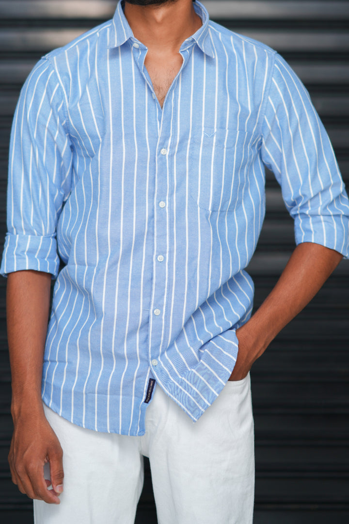 Men’s Slim Fit Striped Shirt | Premium Casual Wear - Sky Blue