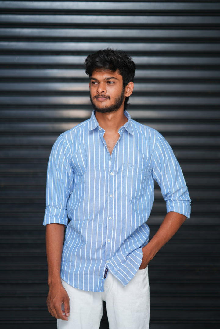 Men’s Slim Fit Striped Shirt | Premium Casual Wear - Sky Blue