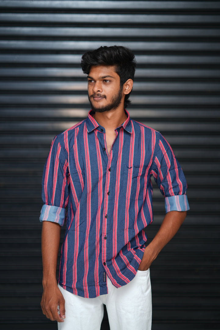 Men’s Slim Fit Striped Shirt | Premium Casual Wear - Navy Blue & Red