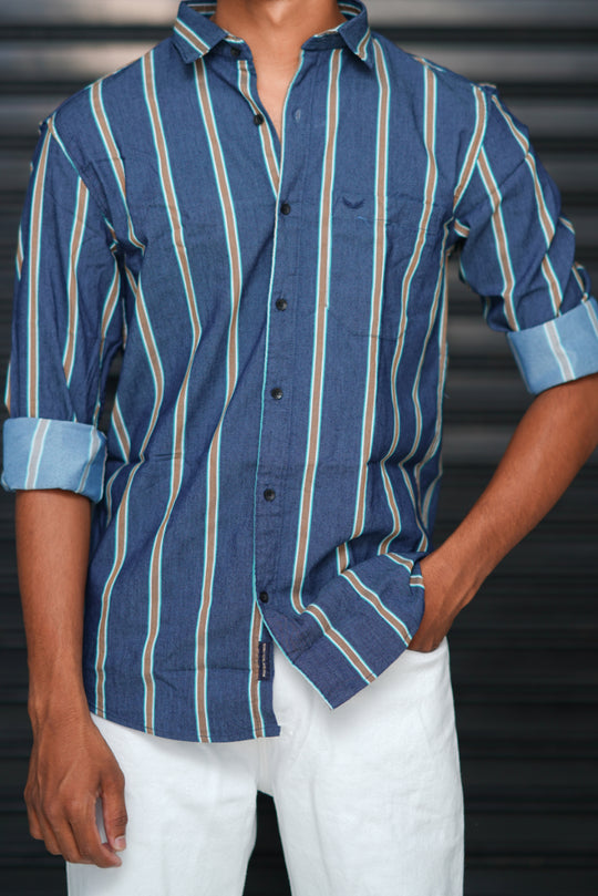 Men’s Slim Fit Striped Shirt | Premium Casual Wear - Navyblue and brown – alternate view – 7MAN India