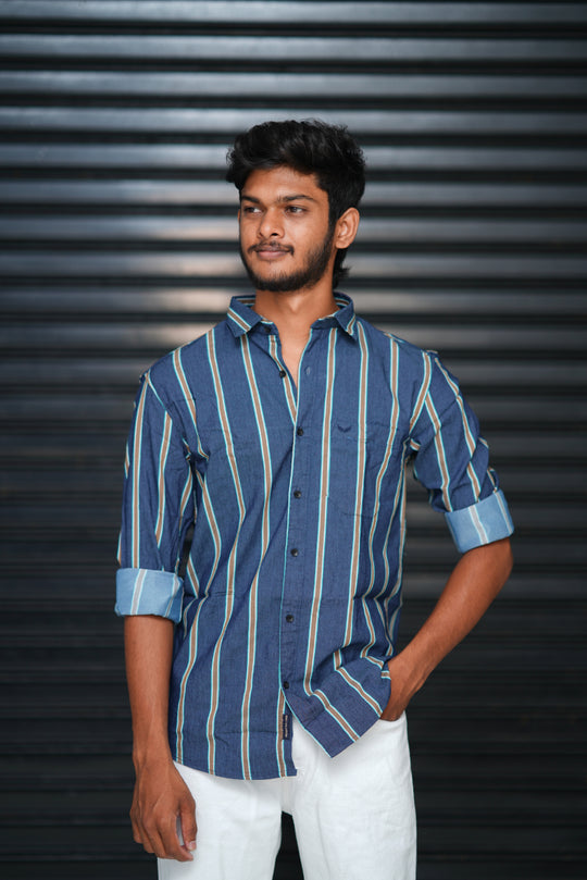Men’s Slim Fit Striped Shirt | Premium Casual Wear - Navyblue and brown – 7MAN Men's Fashion India