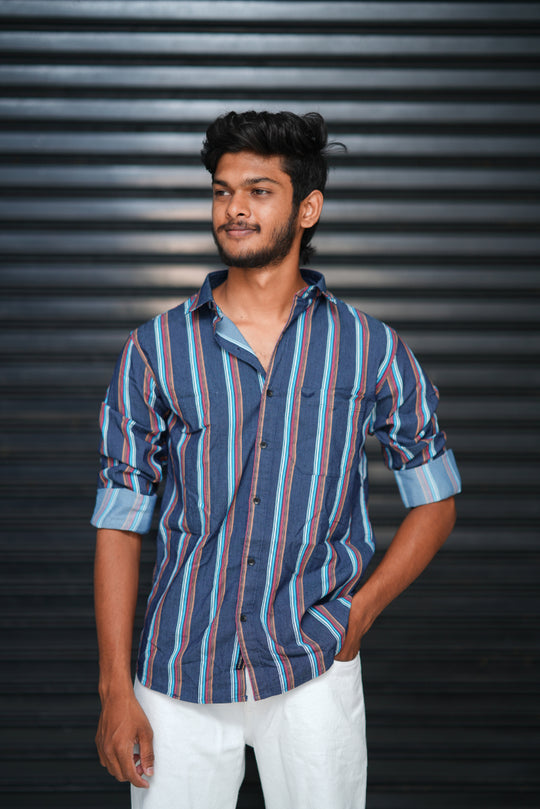 Men’s Slim Fit Striped Shirt | Premium Casual Wear - Dark Navy – 7MAN Men's Fashion India