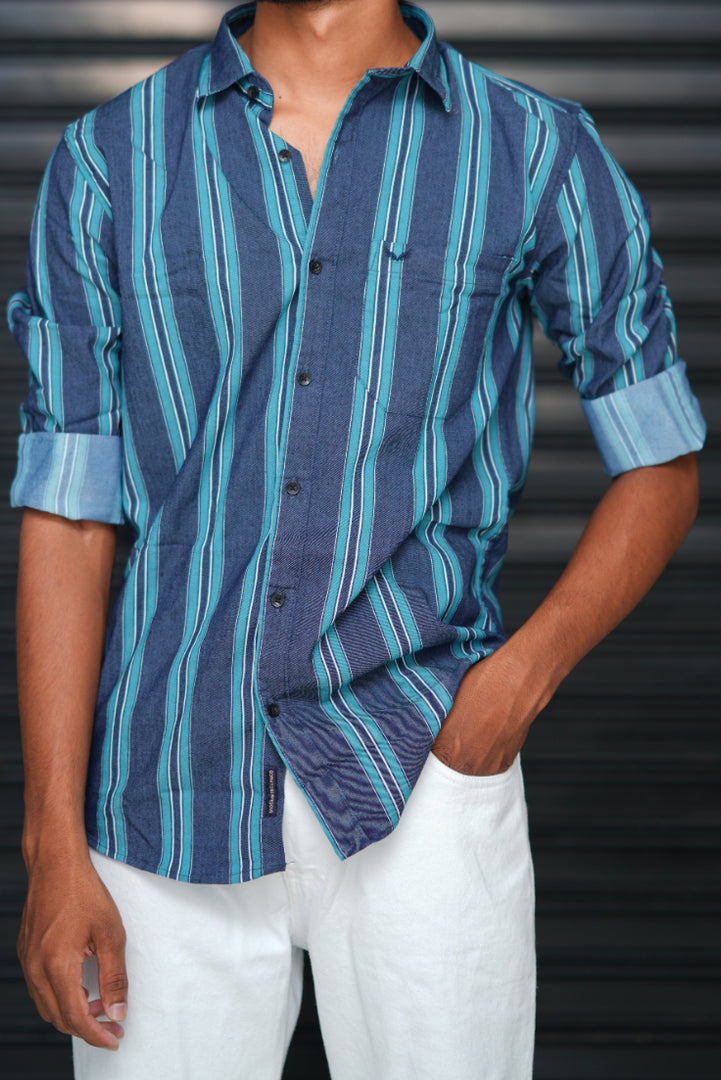 Men’s Slim Fit Striped Shirt | Premium Casual Wear - Navy blue with green 2 stripes