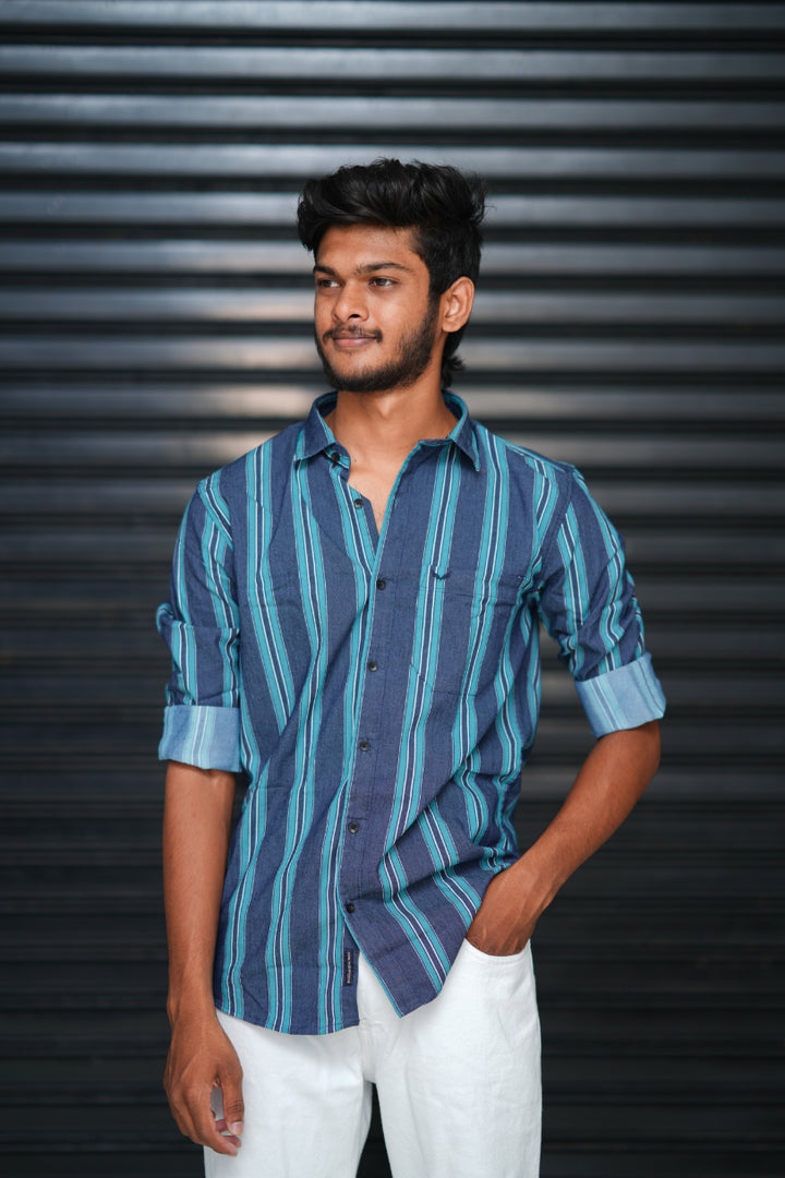 Men’s Slim Fit Striped Shirt | Premium Casual Wear - Navy blue with green 2 stripes