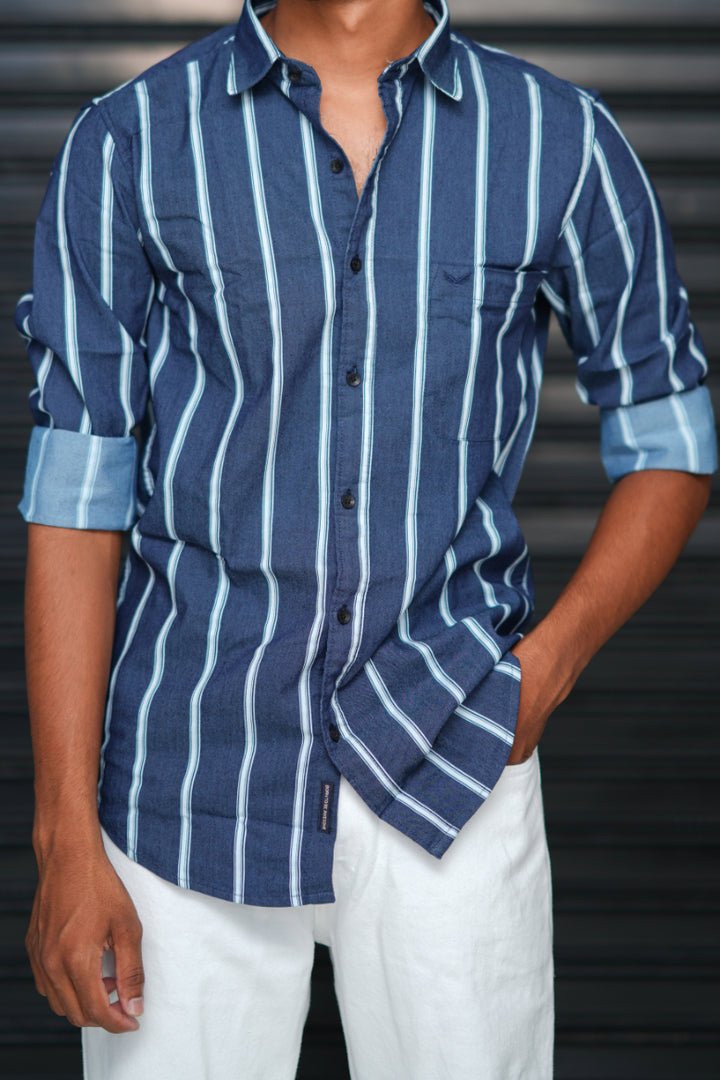 Men’s Slim Fit Striped Shirt | Premium Casual Wear - Deep Navy Blue & White