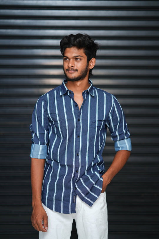 Men’s Slim Fit Striped Shirt | Premium Casual Wear - Deep Navy Blue & White – 7MAN Men's Fashion India