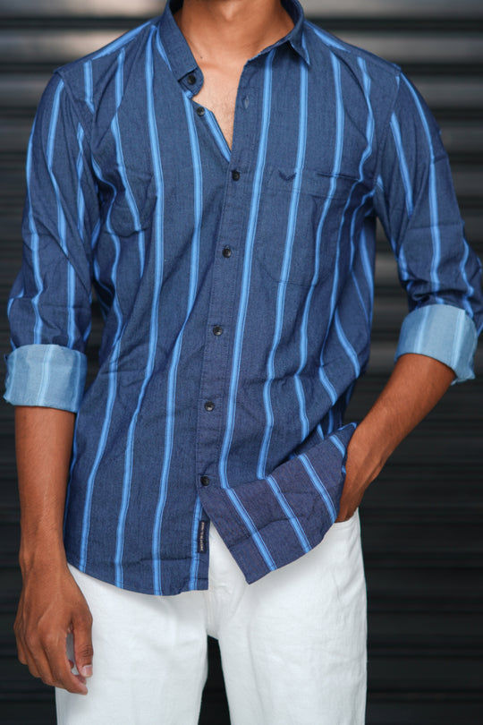 Men’s Slim Fit Striped Shirt | Premium Casual Wear - Indigo Blue – alternate view – 7MAN India