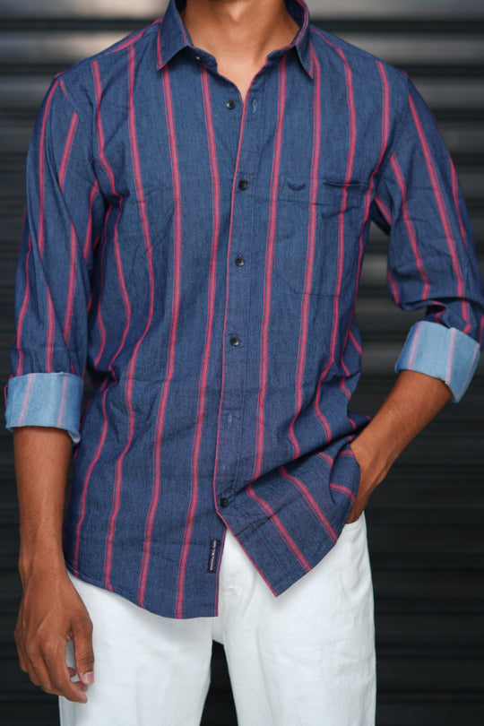 Men’s Slim Fit Striped Shirt | Premium Casual Wear - Navy Blue & red 1 line – alternate view – 7MAN India