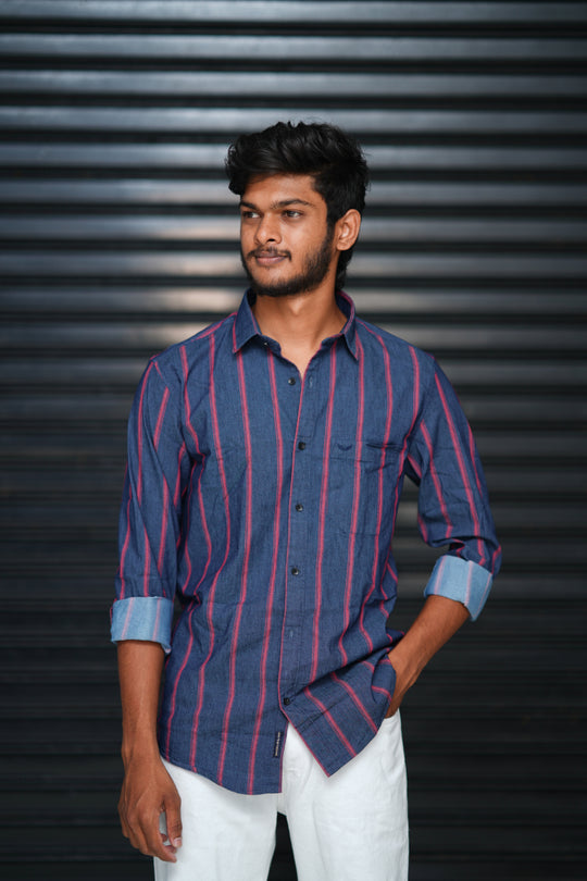 Men’s Slim Fit Striped Shirt | Premium Casual Wear - Navy Blue & red 1 line – 7MAN Men's Fashion India