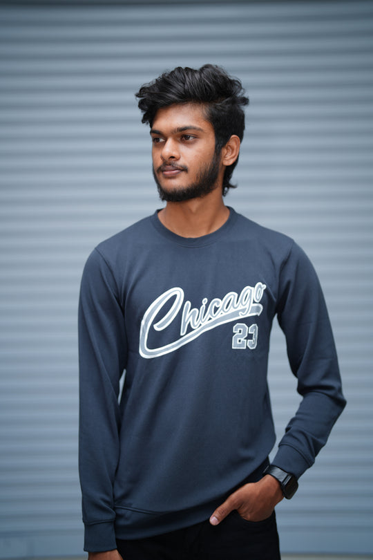 Men’s Printed Sweatshirt – Chicago Graphic Full Sleeve Casual Streetwear - navy Blue – 7MAN Men's Fashion India