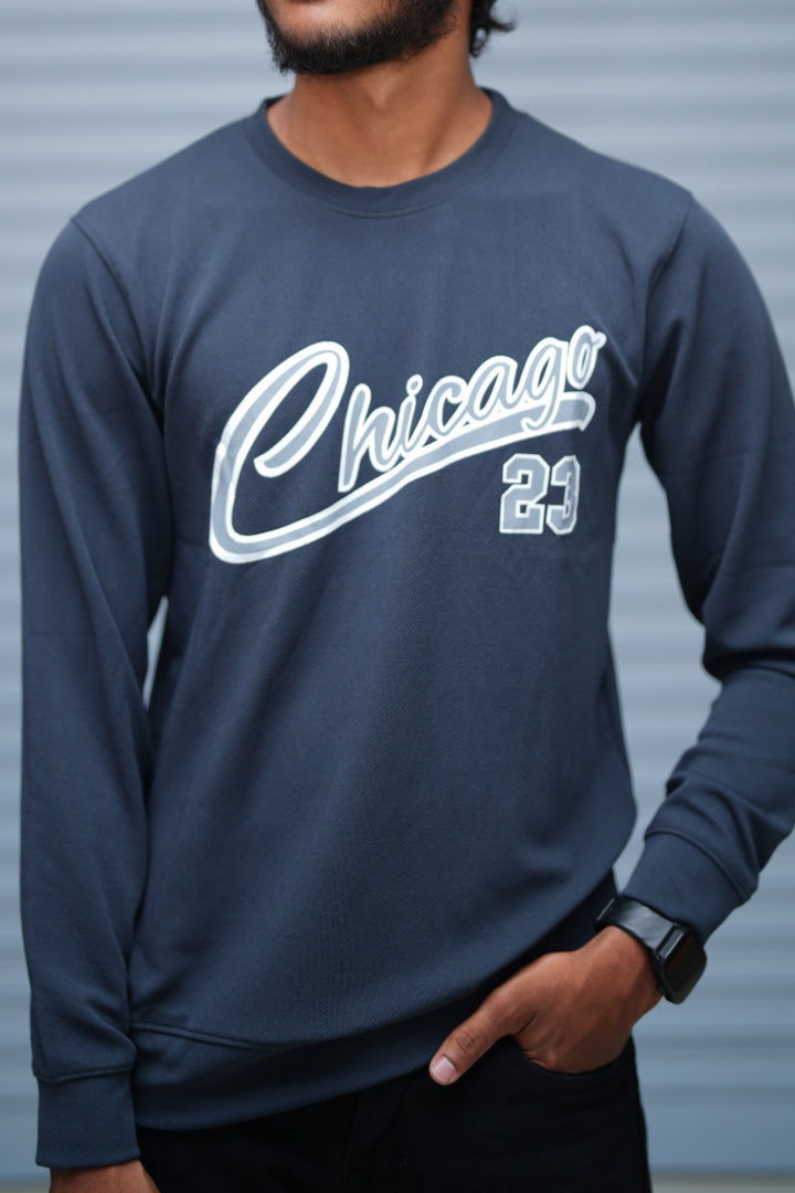 Men’s Printed Sweatshirt – Chicago Graphic Full Sleeve Casual Streetwear - navy Blue