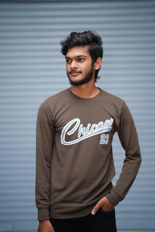 Men’s Printed Sweatshirt – Chicago Graphic Full Sleeve Casual Streetwear - Brown – 7MAN Men's Fashion India