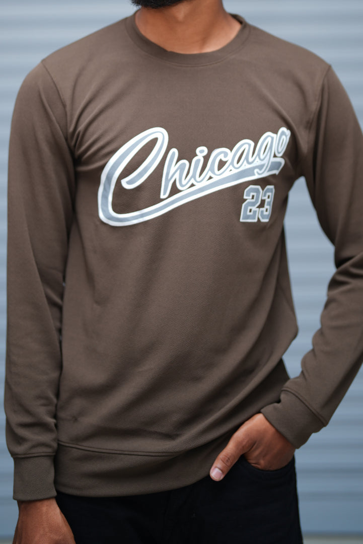 Men’s Printed Sweatshirt – Chicago Graphic Full Sleeve Casual Streetwear - Brown