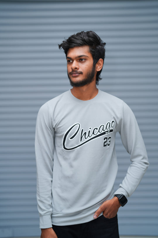 Men’s Printed Sweatshirt – Chicago Graphic Full Sleeve Casual Streetwear - Ash – alternate view – 7MAN India