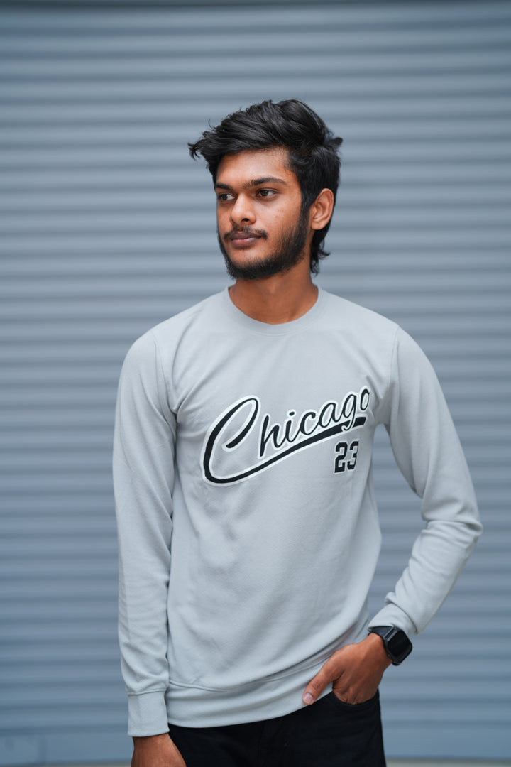 Men’s Printed Sweatshirt – Chicago Graphic Full Sleeve Casual Streetwear - Ash