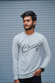 Men’s Printed Sweatshirt – Chicago Graphic Full Sleeve Casual Streetwear - Ash