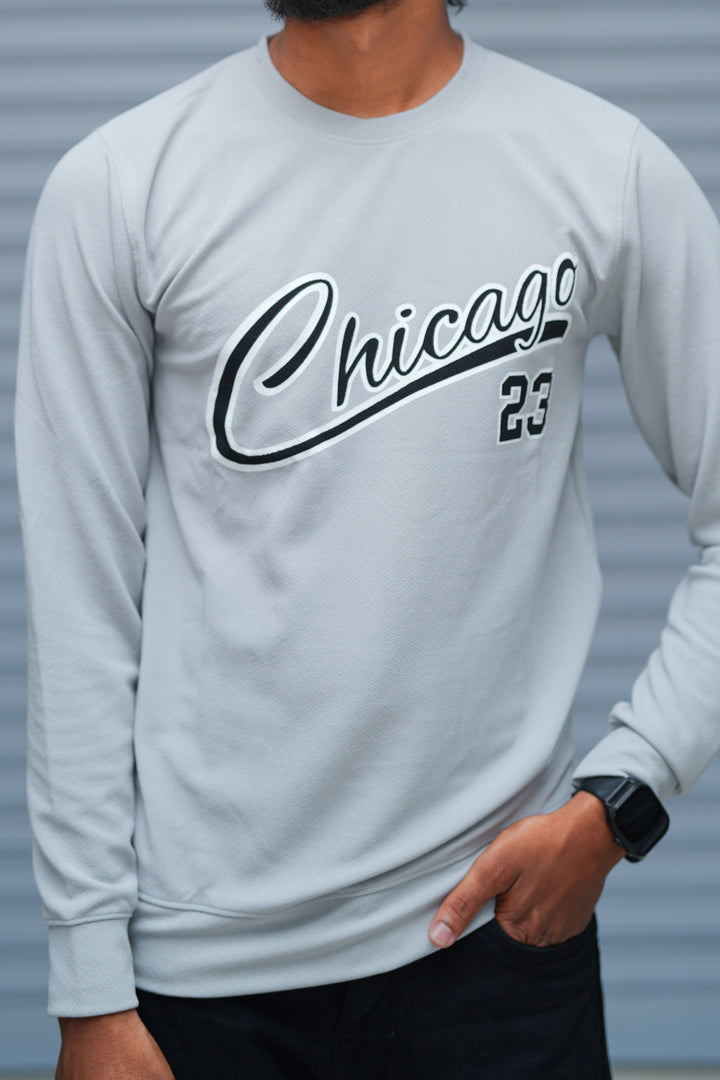 Men’s Printed Sweatshirt – Chicago Graphic Full Sleeve Casual Streetwear - Ash
