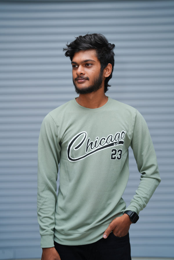 Men’s Printed Sweatshirt – Chicago Graphic Full Sleeve Casual Streetwear - Pista Green