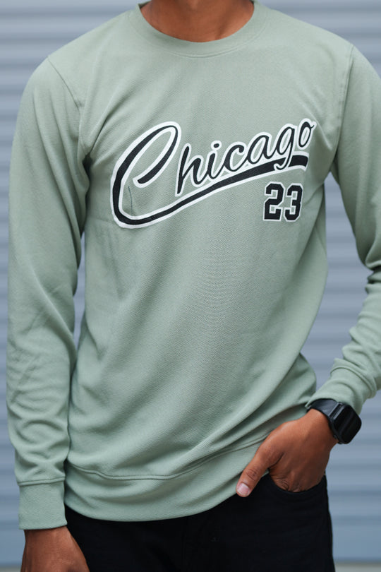 Men’s Printed Sweatshirt – Chicago Graphic Full Sleeve Casual Streetwear - Pista Green – alternate view – 7MAN India