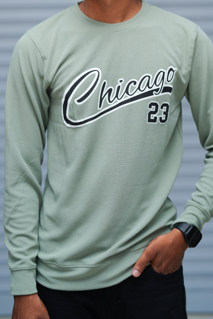 Men’s Printed Sweatshirt – Chicago Graphic Full Sleeve Casual Streetwear - Pista Green