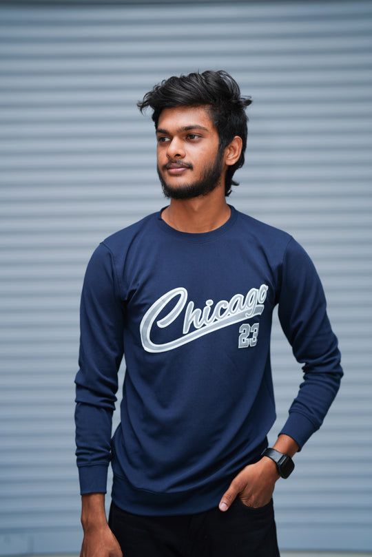 Men’s Printed Sweatshirt – Chicago Graphic Full Sleeve Casual Streetwear - Navy Blue – 7MAN Men's Fashion India