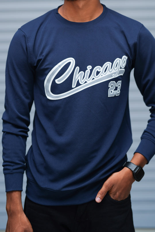 Men’s Printed Sweatshirt – Chicago Graphic Full Sleeve Casual Streetwear - Navy Blue – alternate view – 7MAN India