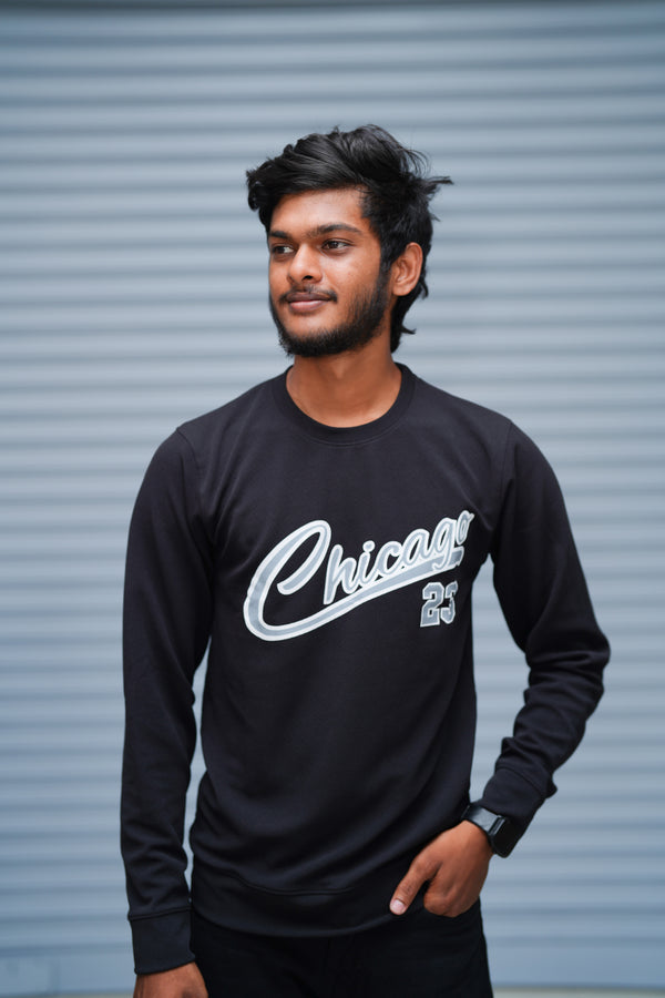 Men’s Printed Sweatshirt – Chicago Graphic Full Sleeve Casual Streetwear - Black